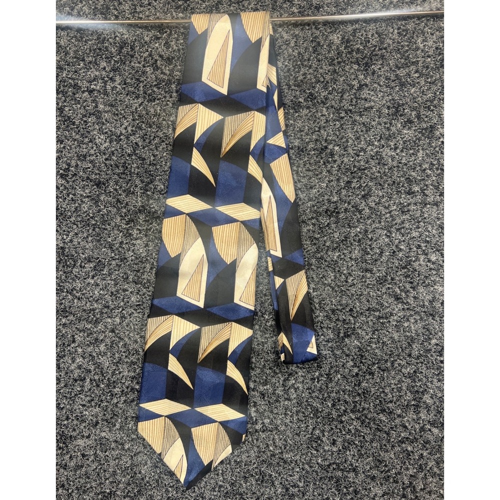 Signature Collection Tie Mens OS Blue Gold Geometric Silk Abstract Retro Formal